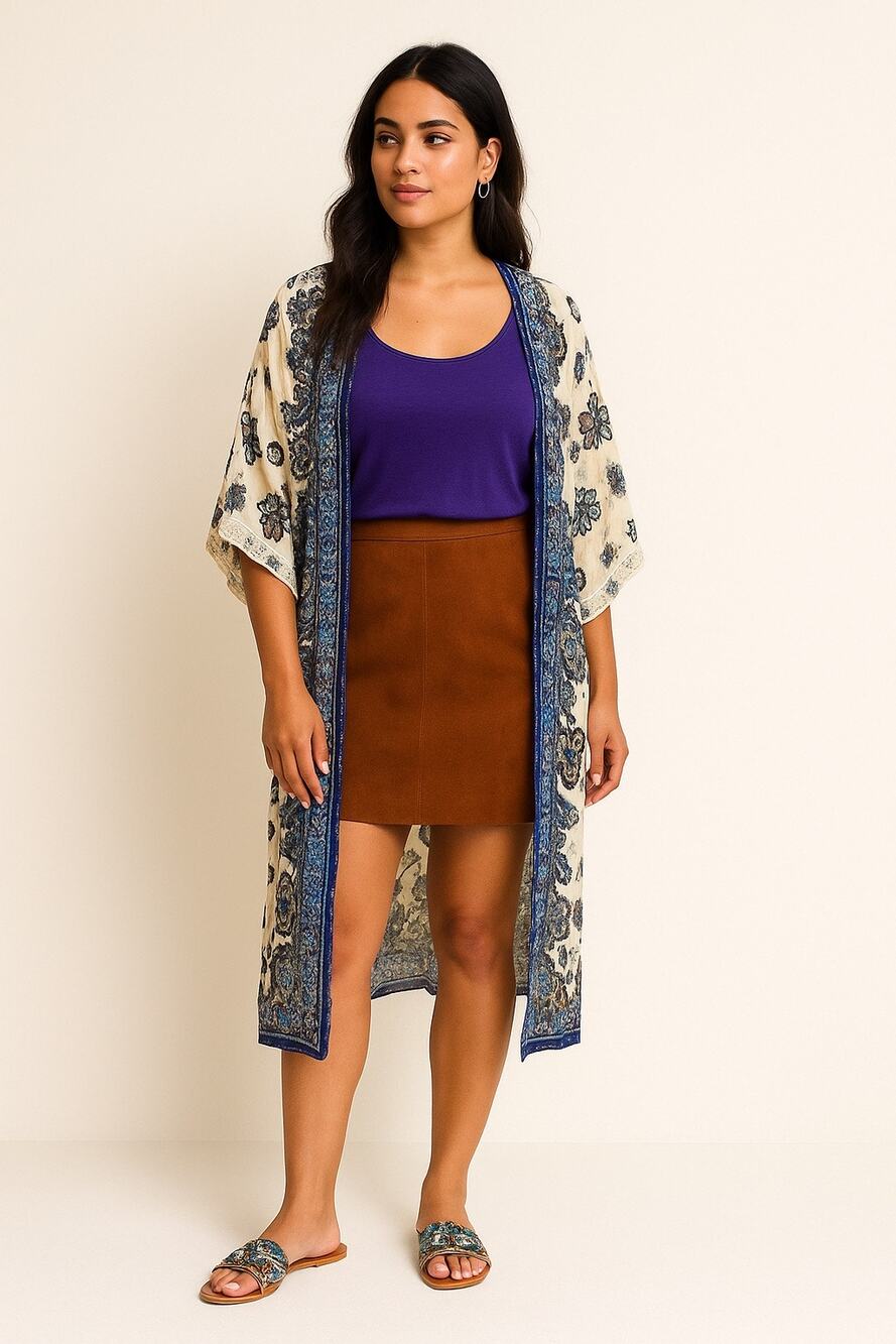 Pinky Floral Kimono duster with Blue and Cream Accents cottagecore boho medium